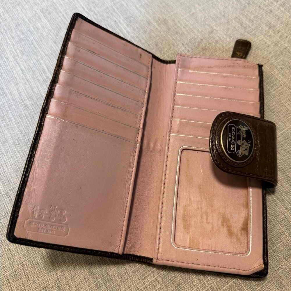 Coach Signature Canvas Checkbook Wallet Brown Leather Trim Snap Closure - Picture 7 of 9
